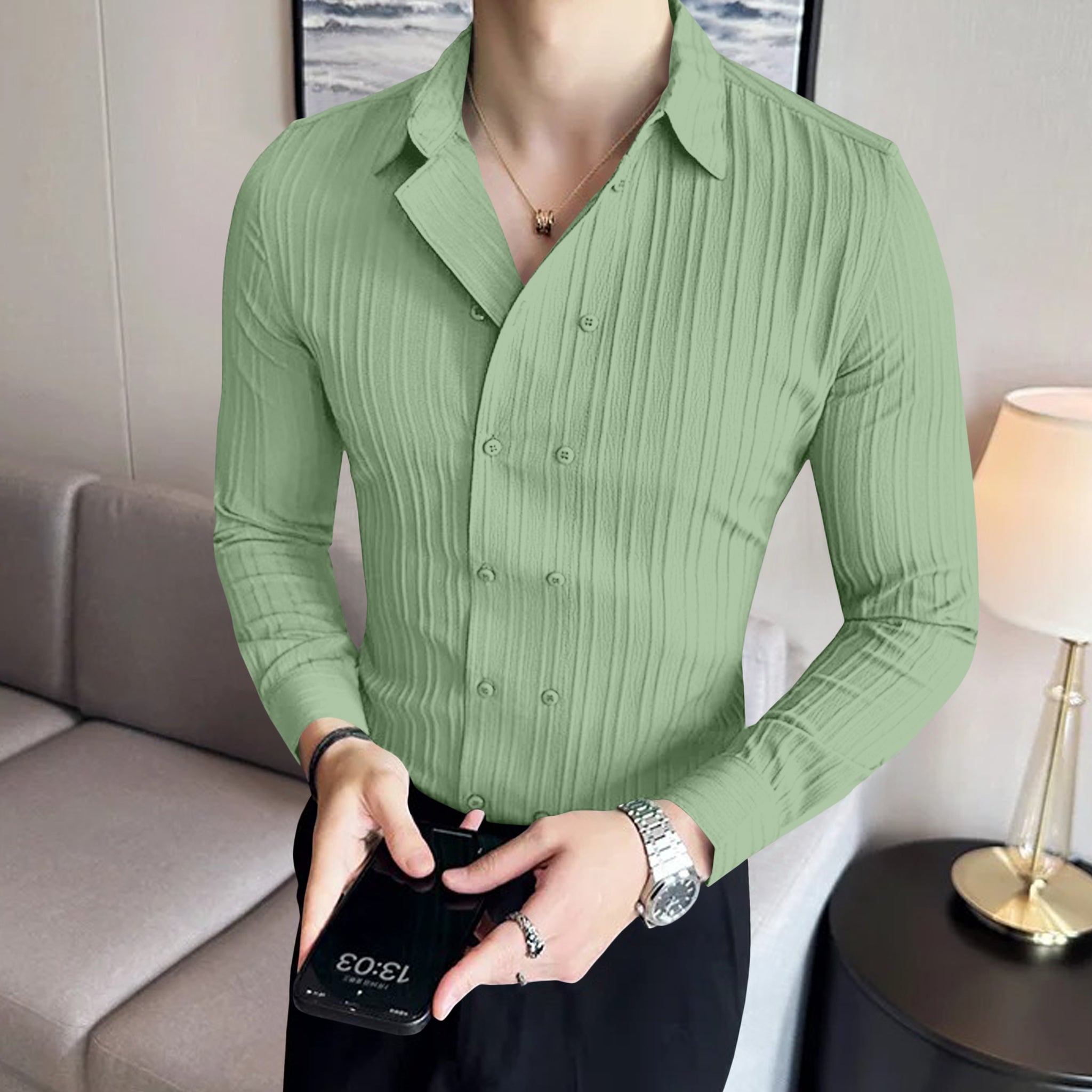 Double Breasted Como Green Textured Shirt
