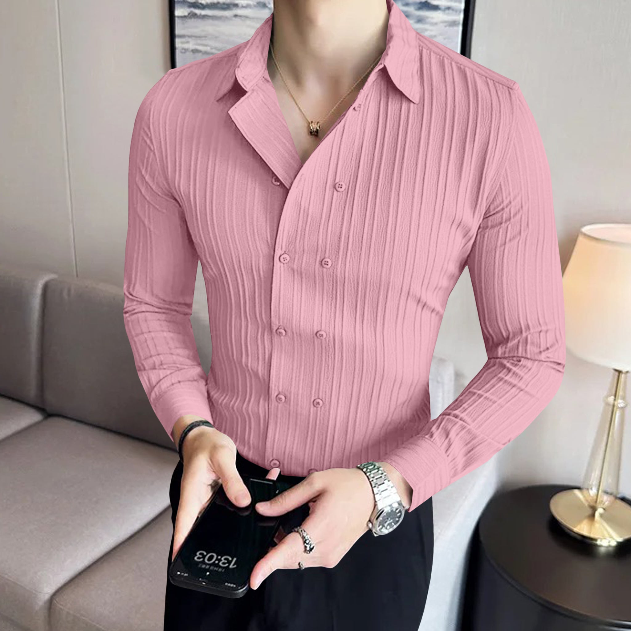 Double Breasted Pink Textured Shirt