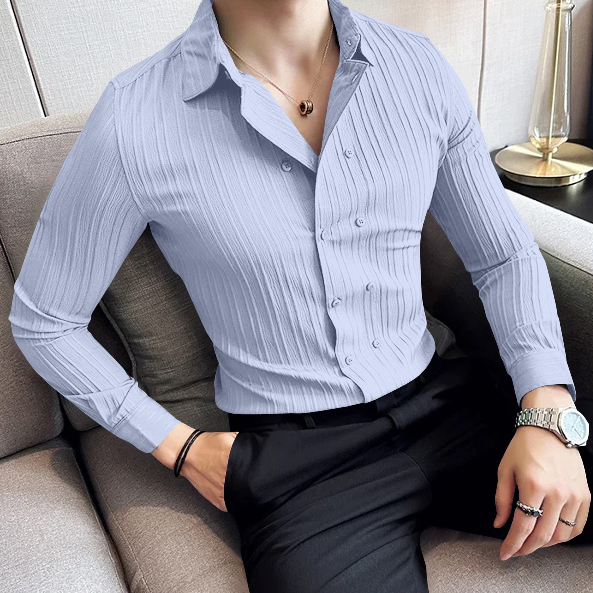 Double Breasted Periwinkle Grey Textured Shirt