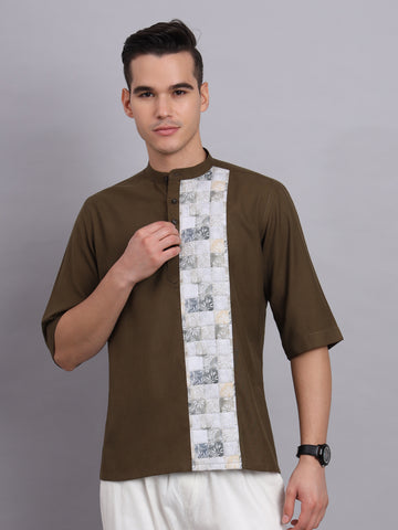 Leafy Print Short Kurta With Mandarin Collar