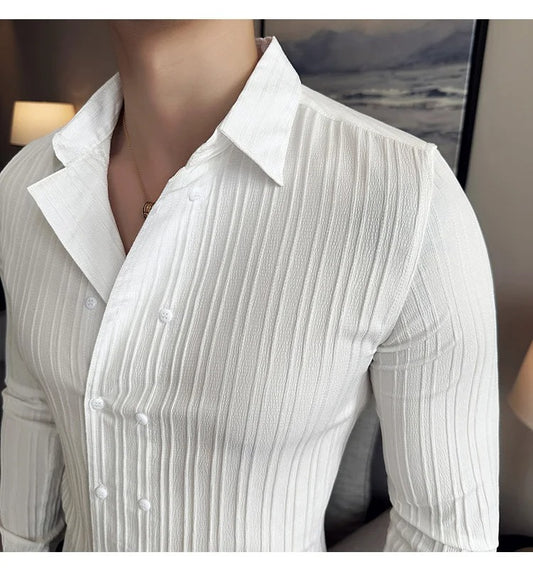 Double Breasted Bright White Textured Shirt